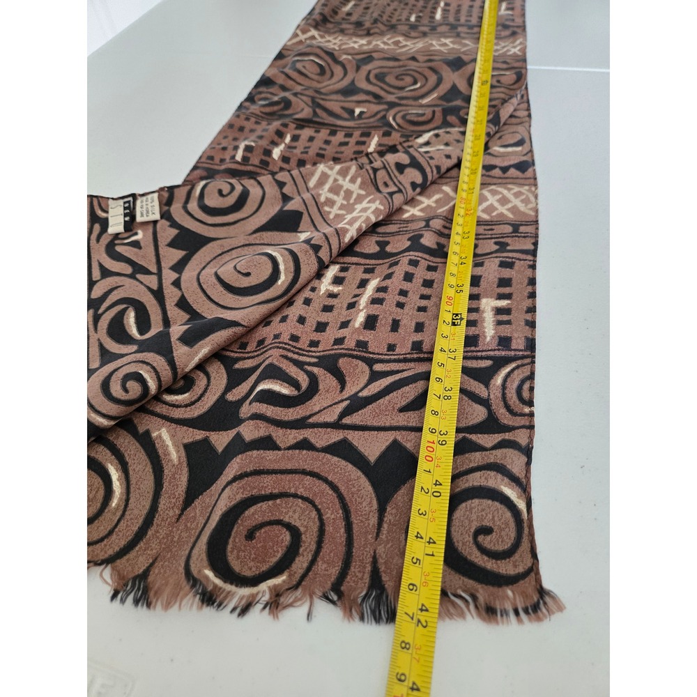 Studio New York 100% Silk Scarf Brown Black Tribal Geometric Print Fringed Korea - Picture 5 of 6